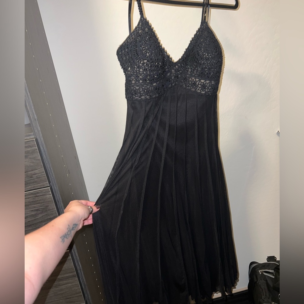 Black beaded dress beige by eci size 4